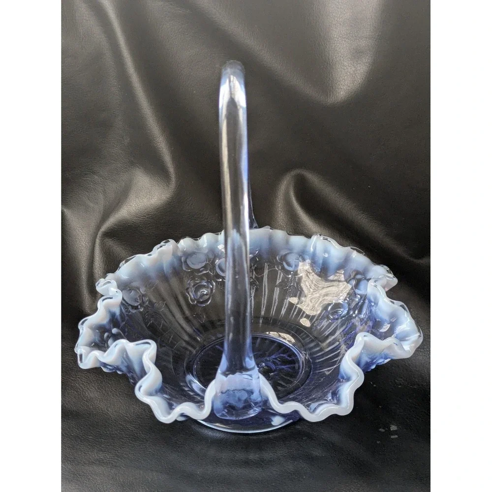 Fenton Glass Bride Basket Raffled Lavender Blue Opalescent Cabbage Rose 7.5 Inch
